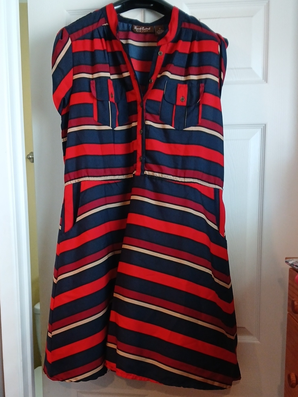 Speed Control Navy, Red and Cream Striped Button-Front Top